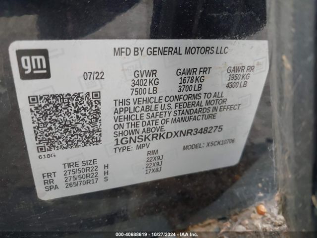 1GNSKRKDXNR348275 Chevrolet Tahoe 4wd Rst