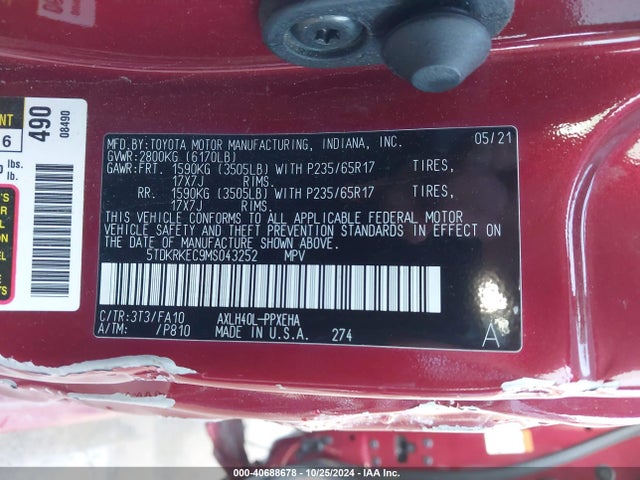 5TDKRKEC9MS043252 Toyota SIENNA LE