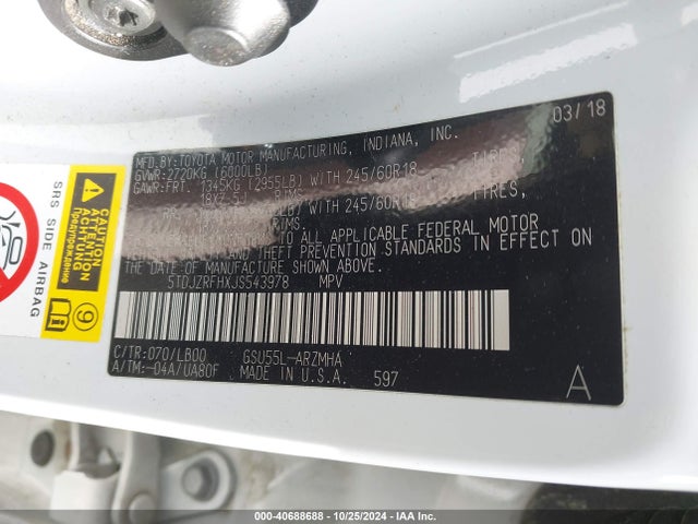 Toyota Highlander Xle 2018 5TDJZRFHXJS543978 Image 9