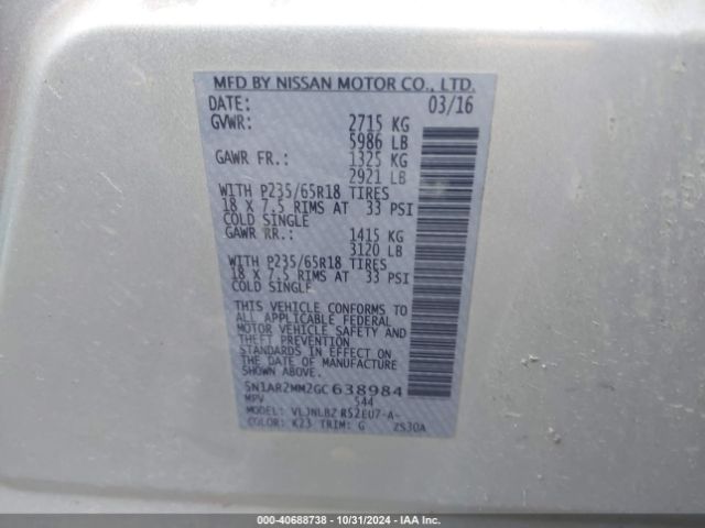 5N1AR2MM2GC638984 Nissan Pathfinder Platinum/s/sl/sv