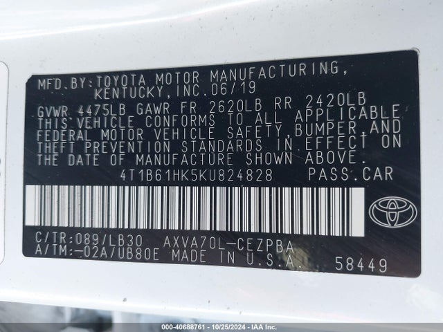 4T1B61HK5KU824828 Toyota CAMRY XSE