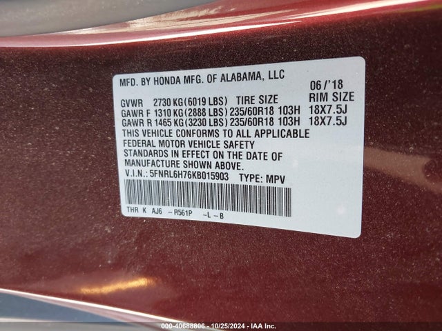 Honda Odyssey Ex-l 2019 5FNRL6H76KB015903 Image 9