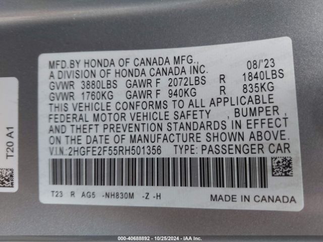 2HGFE2F55RH501356 Honda Civic Sport