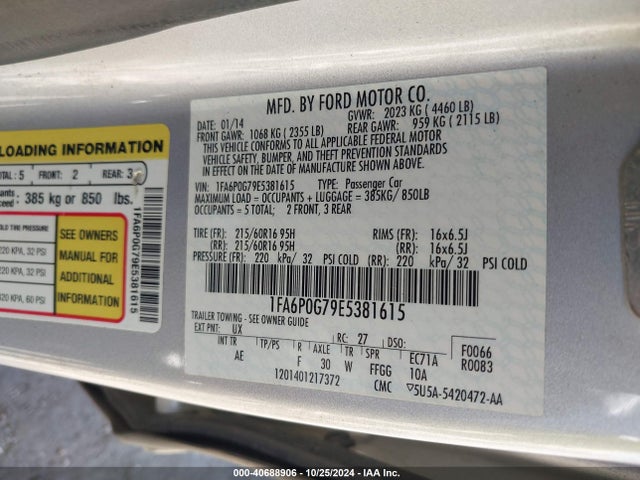 Ford FUSION S 2014 1FA6P0G79E5381615 Image 9
