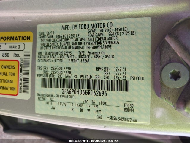 Ford FUSION SE 2016 3FA6P0HD6GR162695 Image 9