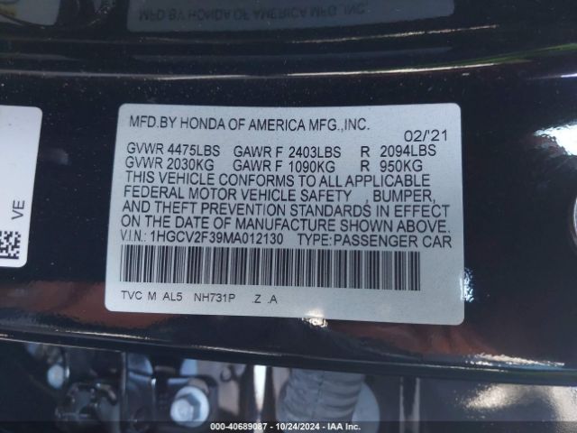 1HGCV2F39MA012130 Honda Accord Sport 2.0t