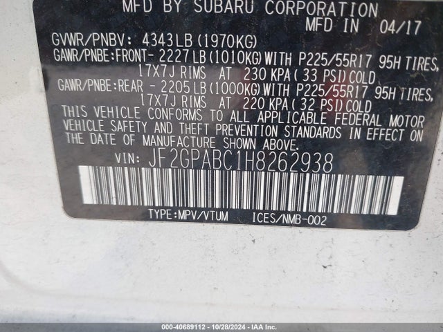 Subaru Crosstrek 2.0i Premium 2017 JF2GPABC1H8262938 Image 9