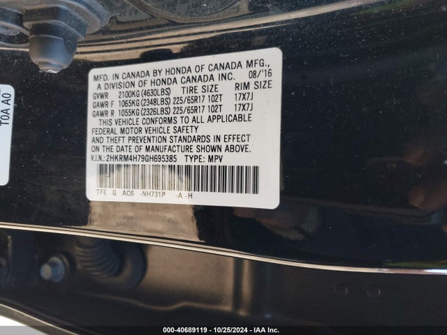 Honda Cr-v Ex-l 2016 2HKRM4H79GH695385 Image 9