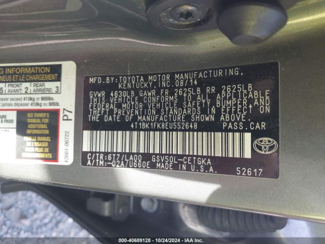 4T1BK1FK8EU552648 Toyota Camry Xle V6