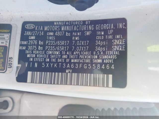 5XYKT3A63FG558464 KIA SORENTO LX