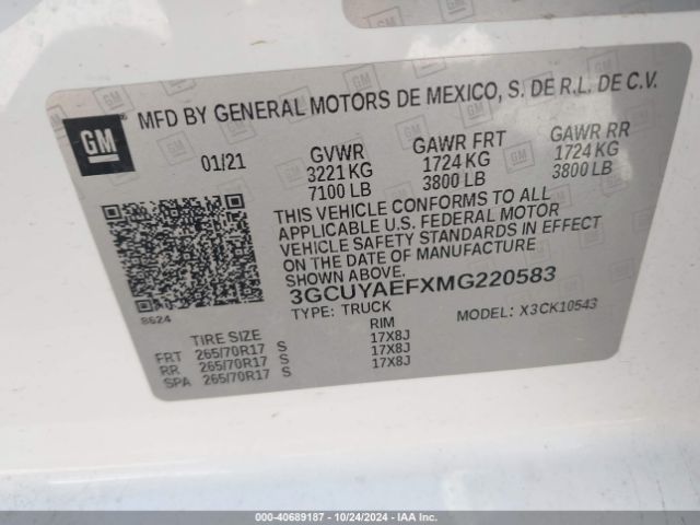 3GCUYAEFXMG220583 Chevrolet Silverado 1500 4wd  Short Bed Wt