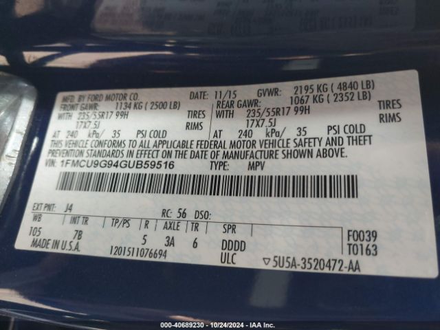 1FMCU9G94GUB59516 Ford ESCAPE SE