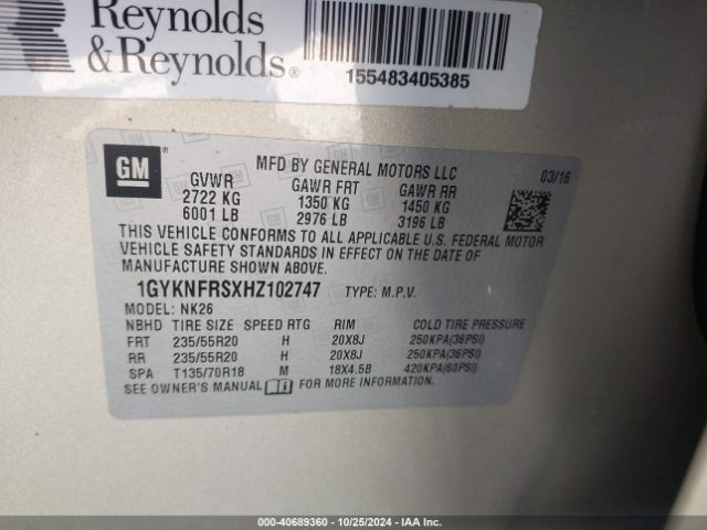 1GYKNFRSXHZ102747 Cadillac Xt5 Platinum