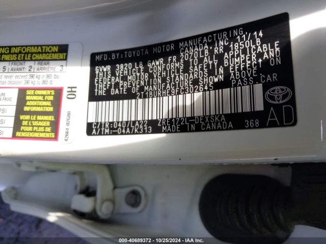 2T1BURHE9FC302645 Toyota Corolla S Premium
