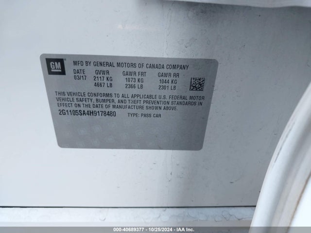 Chevrolet IMPALA 1LT 2017 2G1105SA4H9178480 Image 9