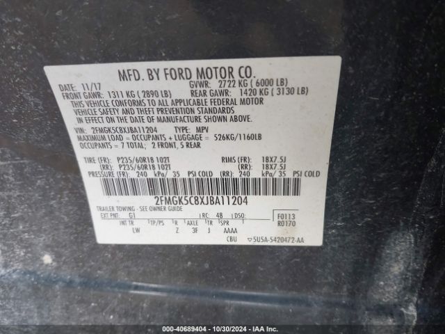 2FMGK5C8XJBA11204 Ford FLEX SEL