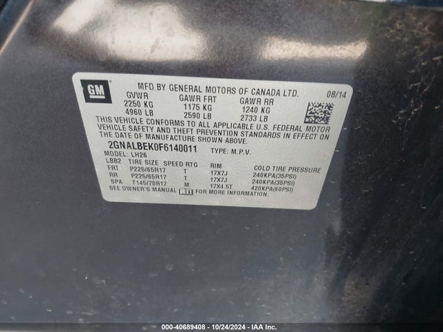 Chevrolet EQUINOX 1LT 2015 2GNALBEK0F6140011 Image 9