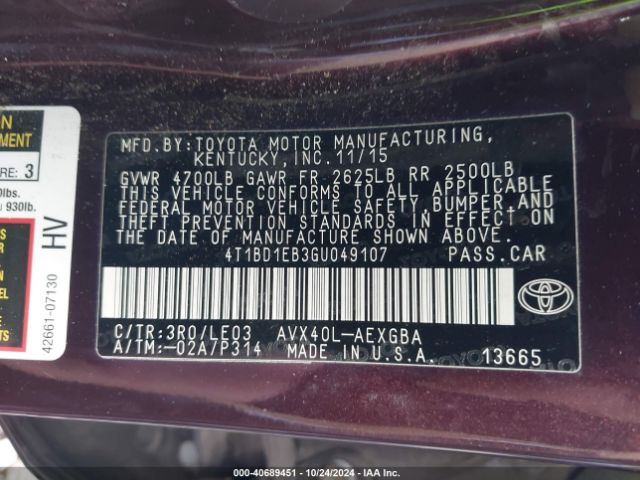 4T1BD1EB3GU049107 Toyota Avalon Hybrid Xle Premium