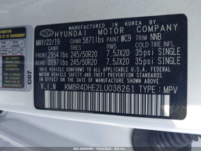 KM8R4DHE2LU038261 Hyundai Palisade Sel
