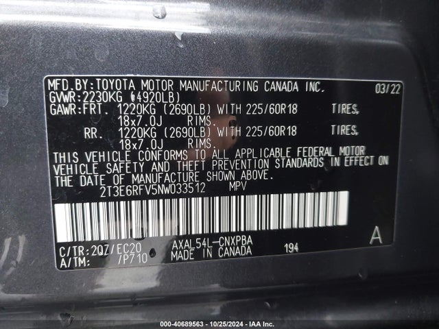 2T3E6RFV5NW033512 Toyota Rav4 Hybrid Xse