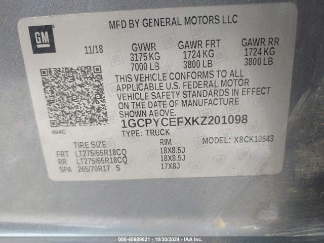 Chevrolet Silverado 1500 Custom Trail Boss 2019 1GCPYCEFXKZ201098 Image 9