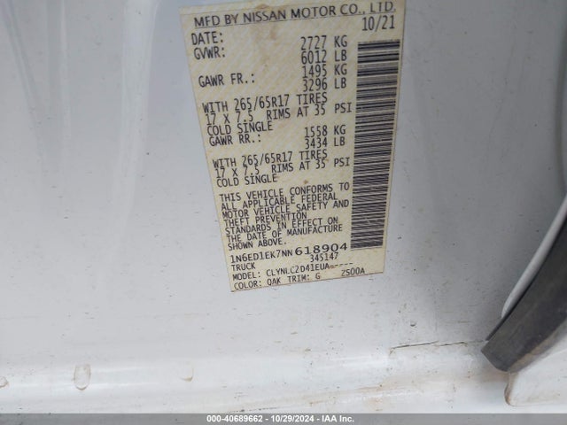 Nissan Frontier Sv 4x4 2022 1N6ED1EK7NN618904 Image 9