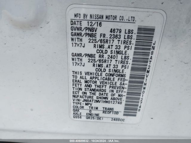 JN8AT2MV1HW012748 Nissan ROGUE S