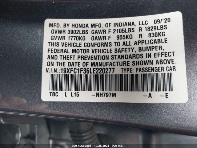 Honda CIVIC EX 2020 19XFC1F36LE220277 Image 9
