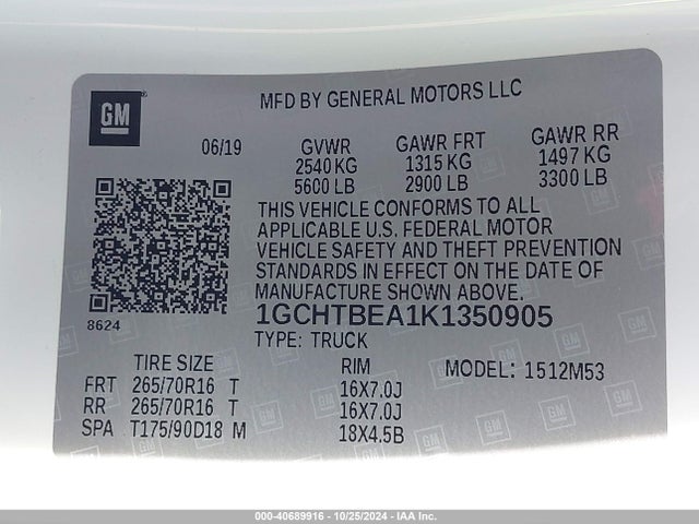 1GCHTBEA1K1350905 Chevrolet Colorado Wt