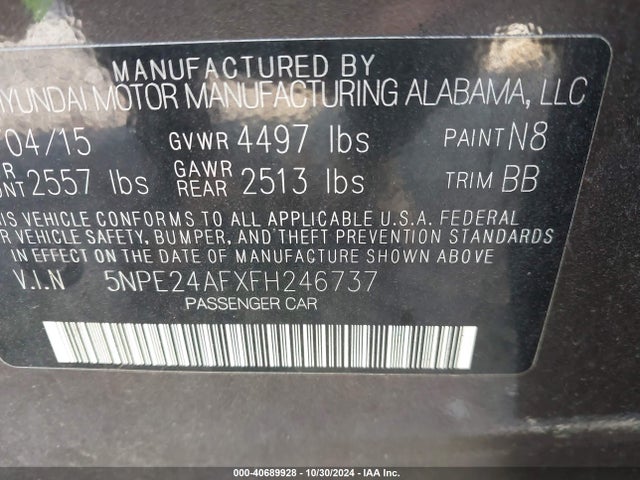 Hyundai SONATA SE 2015 5NPE24AFXFH246737 Image 9