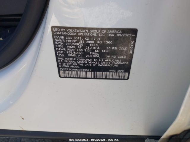 1V2TR2CA0MC533522 Volkswagen Atlas 3.6l V6 Sel Premium