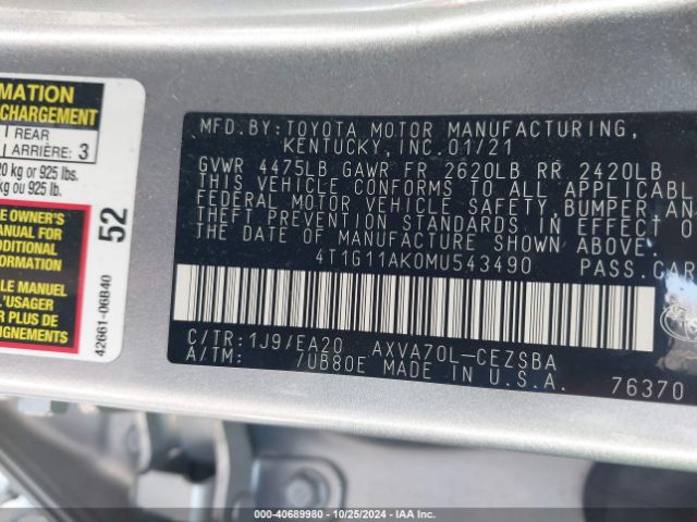 4T1G11AK0MU543490 Toyota CAMRY SE