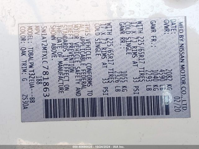5N1AT2MTXLC781863 Nissan Rogue S Fwd