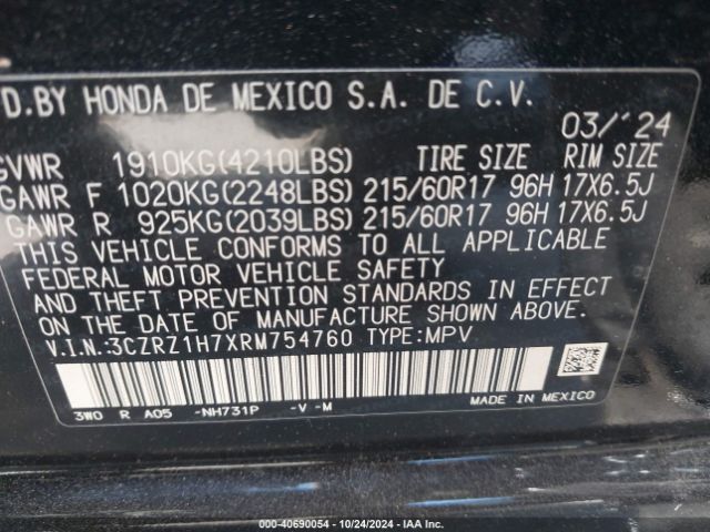 3CZRZ1H7XRM754760 Honda Hr-v 2wd Ex-l/2wd Ex-l W/o Bsi