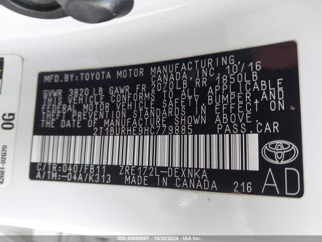 Toyota COROLLA LE 2017 2T1BURHE9HC779885 Image 9