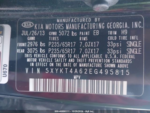5XYKT4A62EG495815 KIA SORENTO LX