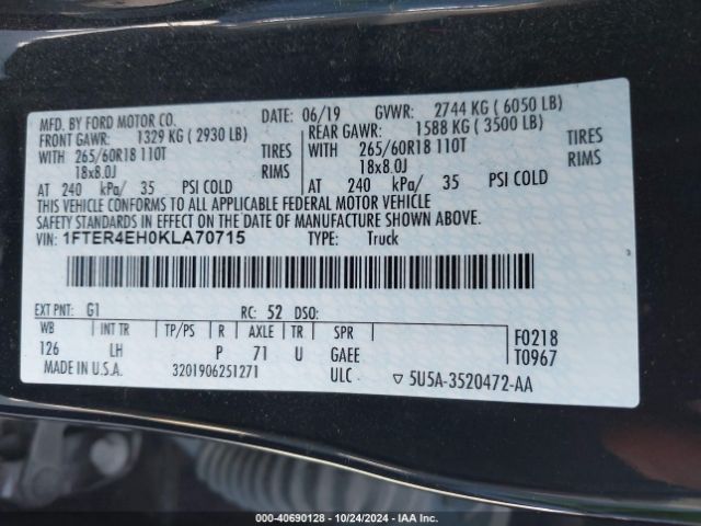 1FTER4EH0KLA70715 Ford Ranger Xlt