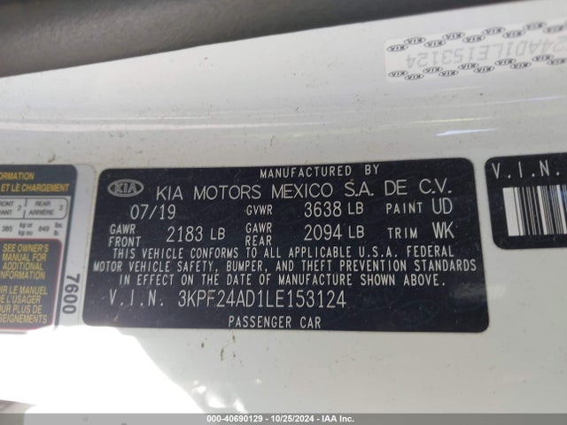 3KPF24AD1LE153124 KIA FORTE FE