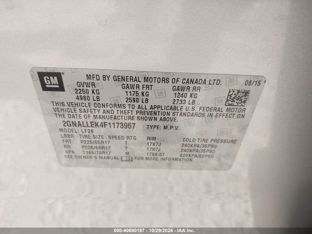 Chevrolet Equinox L 2015 2GNALLEK4F1173967 Image 9