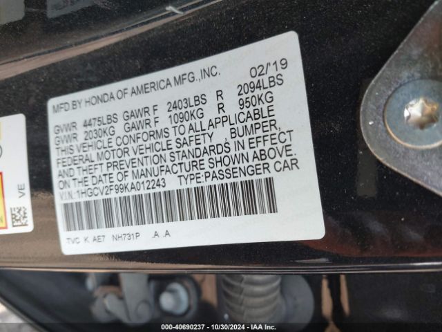 1HGCV2F99KA012243 Honda Accord Touring 2.0t