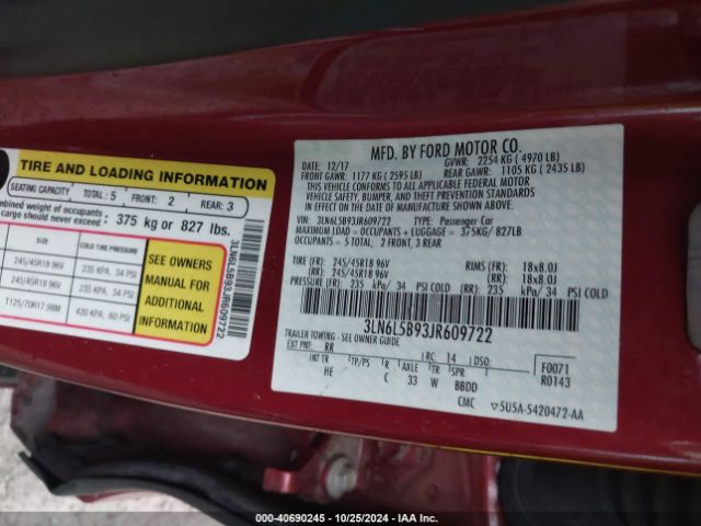 3LN6L5B93JR609722 Lincoln Mkz Premiere