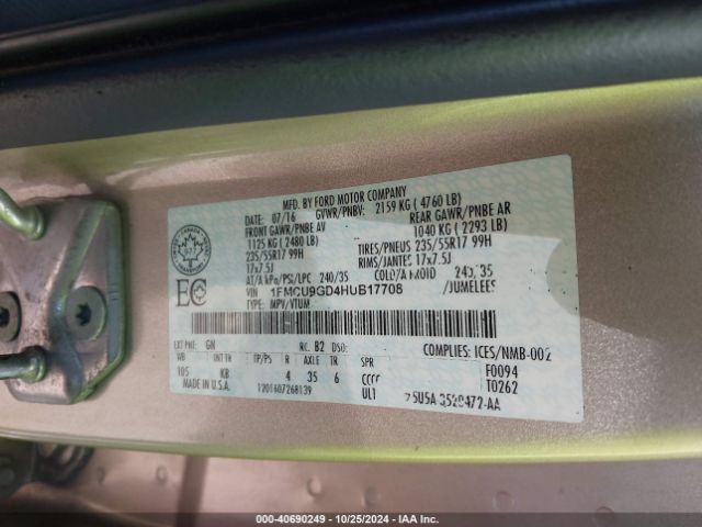 1FMCU9GD4HUB17708 Ford ESCAPE SE