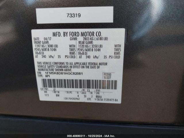 1FM5K8D81HGC82081 Ford EXPLORER XLT