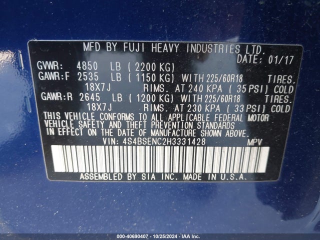 4S4BSENC2H3331428 Subaru Outback 3.6r Limited