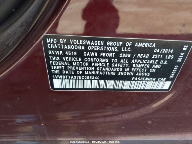 1VWBT7A37EC095340 Volkswagen Passat 1.8t Se