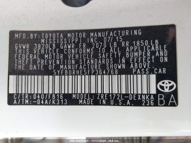5YFBURHE5FP364768 Toyota Corolla Le Plus
