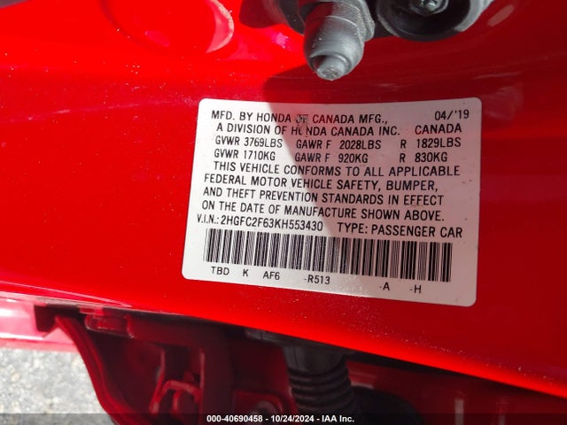 Honda Civic Lx 2019 2HGFC2F63KH553430 Image 9