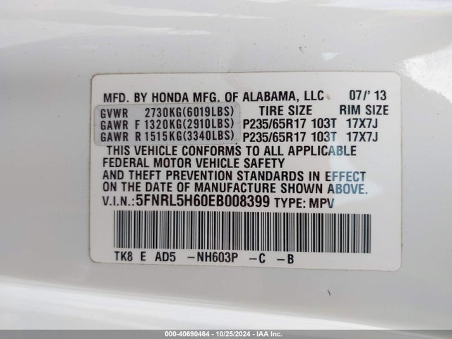 Honda Odyssey Ex-l 2014 5FNRL5H60EB008399 Image 9
