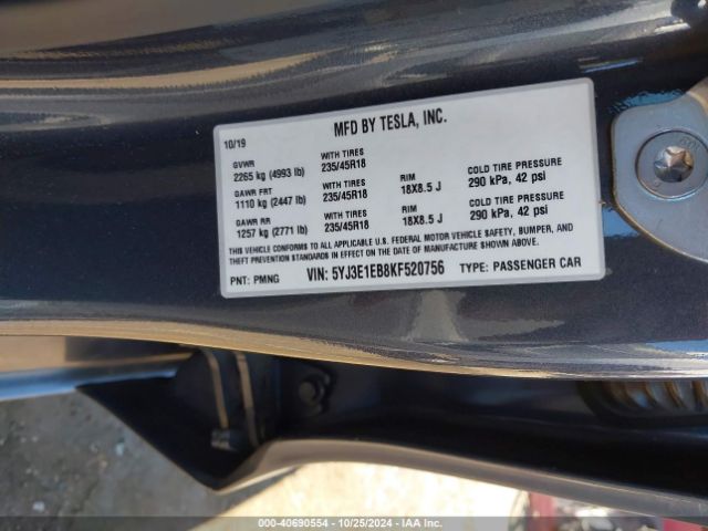 5YJ3E1EB8KF520756 Tesla Model 3 Long Range/performance
