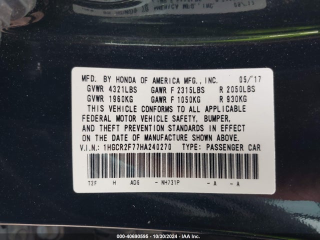 Honda ACCORD EX 2017 1HGCR2F77HA240270 Image 9